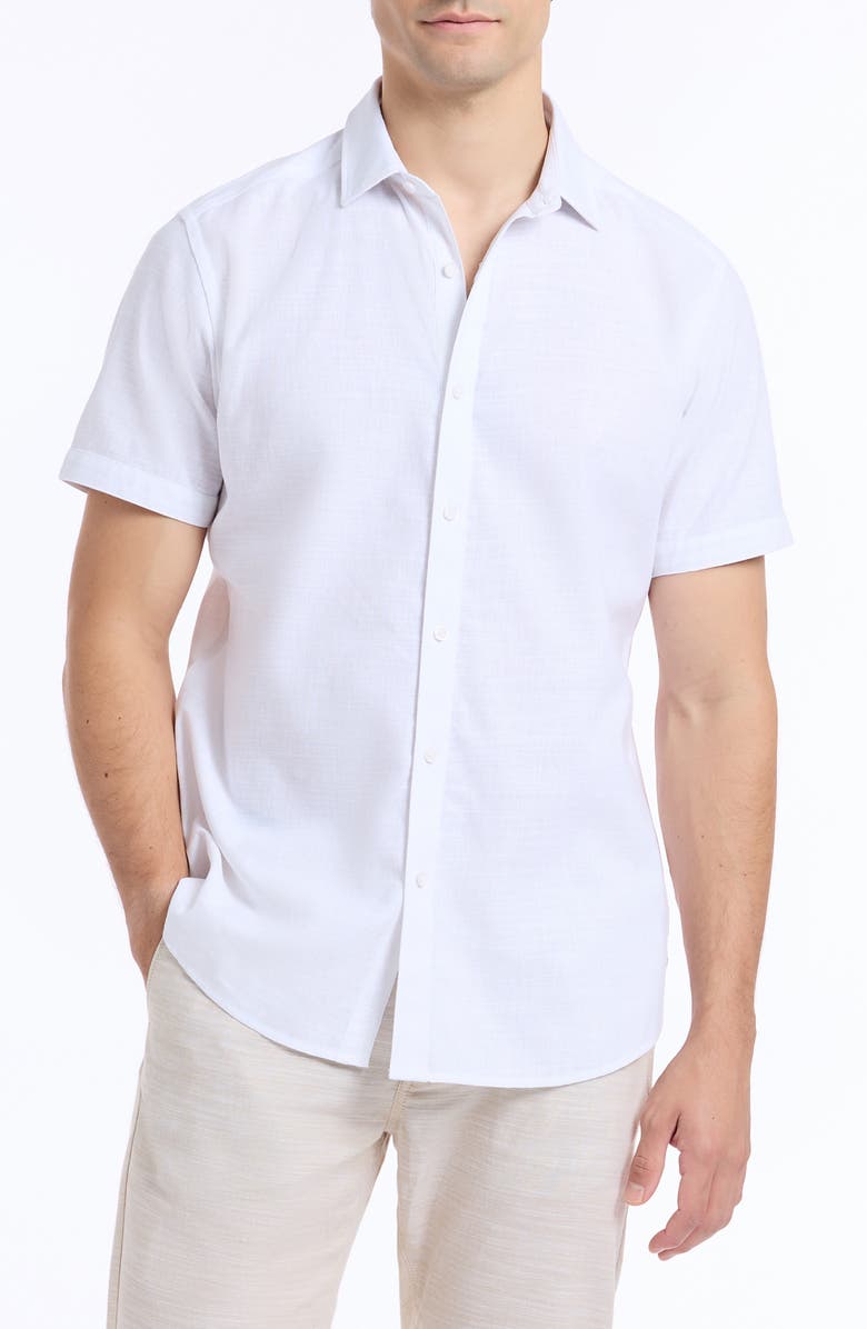 Robert Graham Sutton Linen & Cotton Short Sleeve Button-Up Shirt, Main, color, White