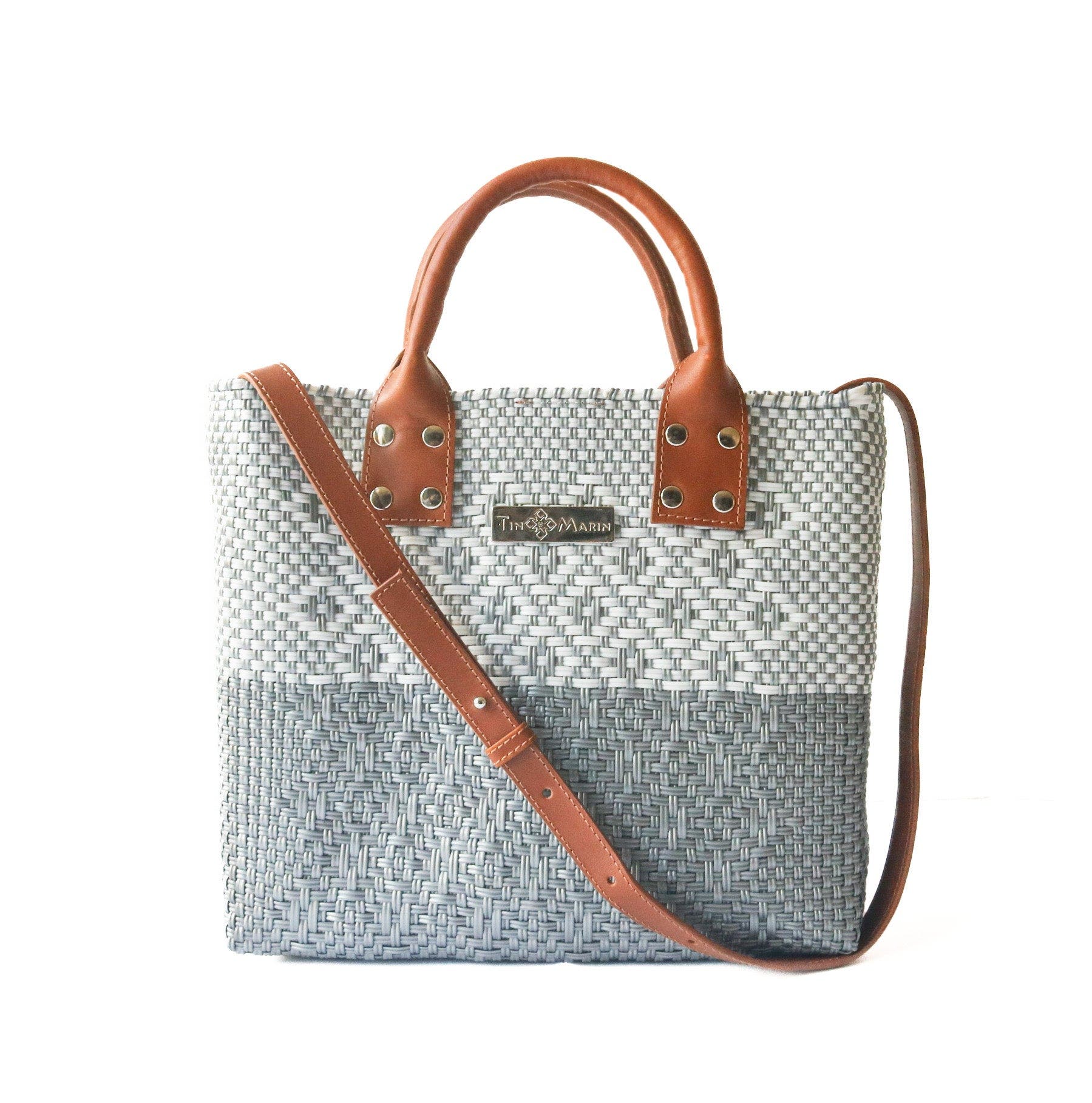 Tin Marin Grey Large Woven Crossbody Bag - Tan Leather, Alternate, color, Tan Leather Straps