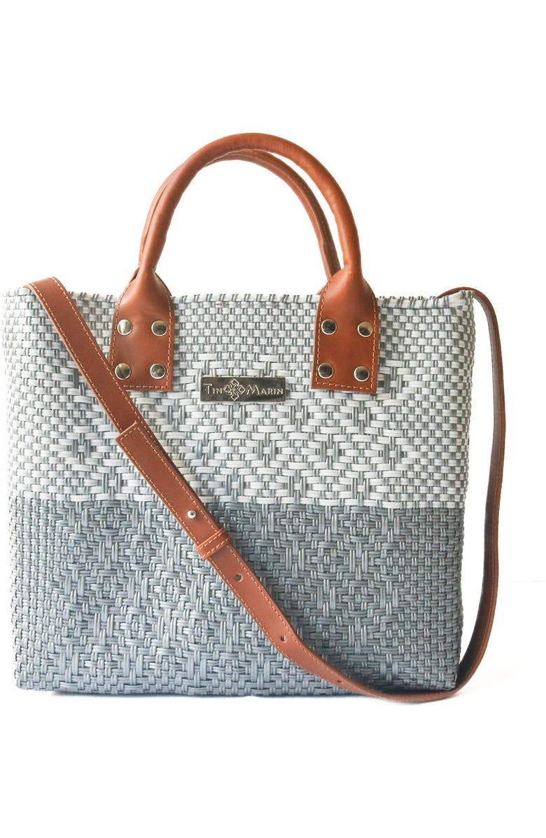 Tin Marin Grey Large Woven Crossbody Bag - Tan Leather, Alternate, color, Tan Leather Straps