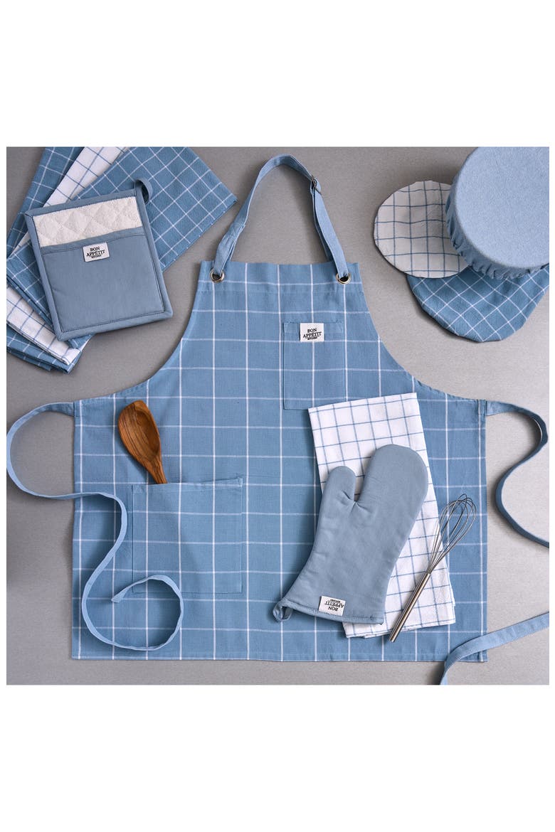 Windowpane Print Cotton Apron, Alternate, color, BLUE