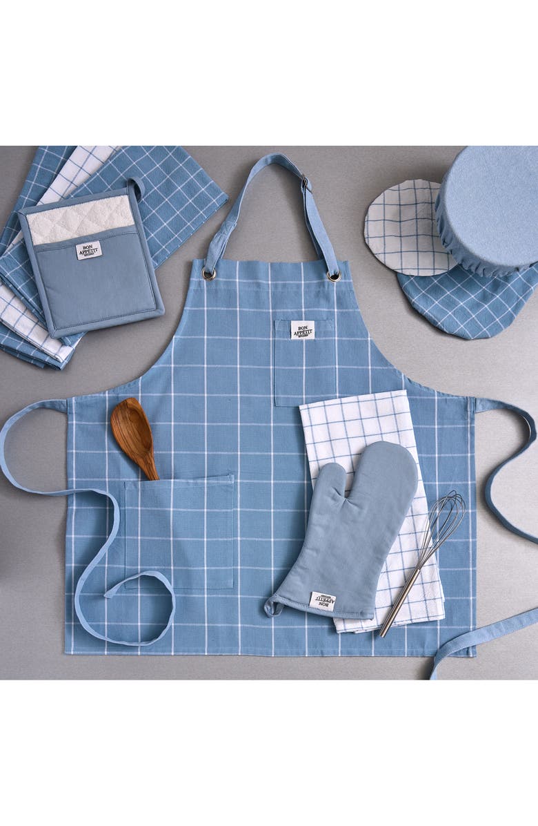 Design Imports Windowpane Print Cotton Apron, Alternate, color, Blue