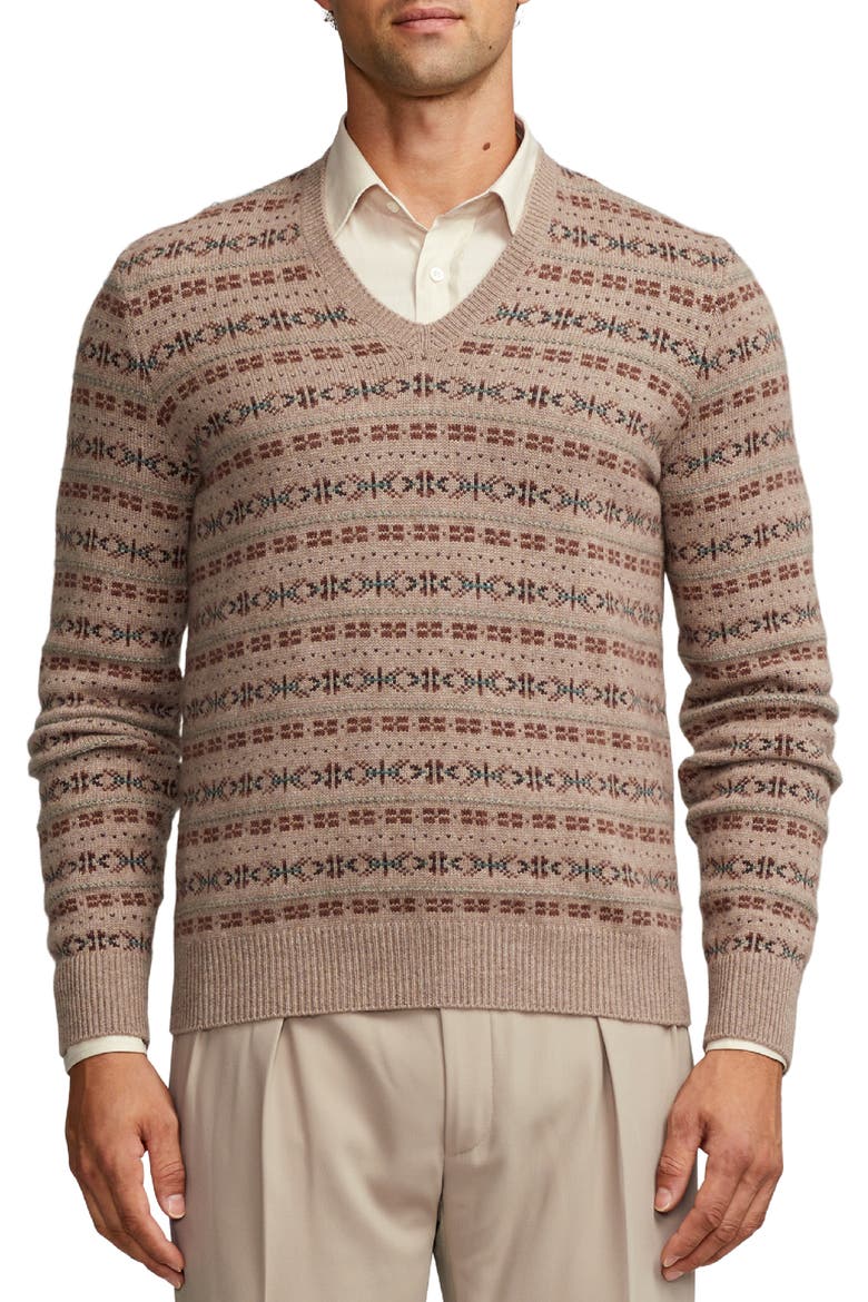 Fair Isle Cashmere V-Neck Sweater, Main, color, TAUPE MULTI
