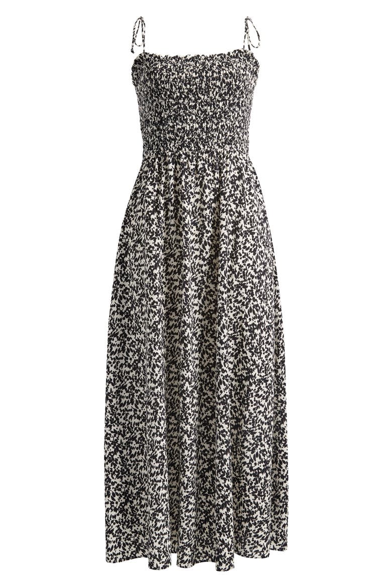 Floral Smocked Square Neck Midi Sundress, Alternate, color, ABSTRACT LEAF BLACK IVORY