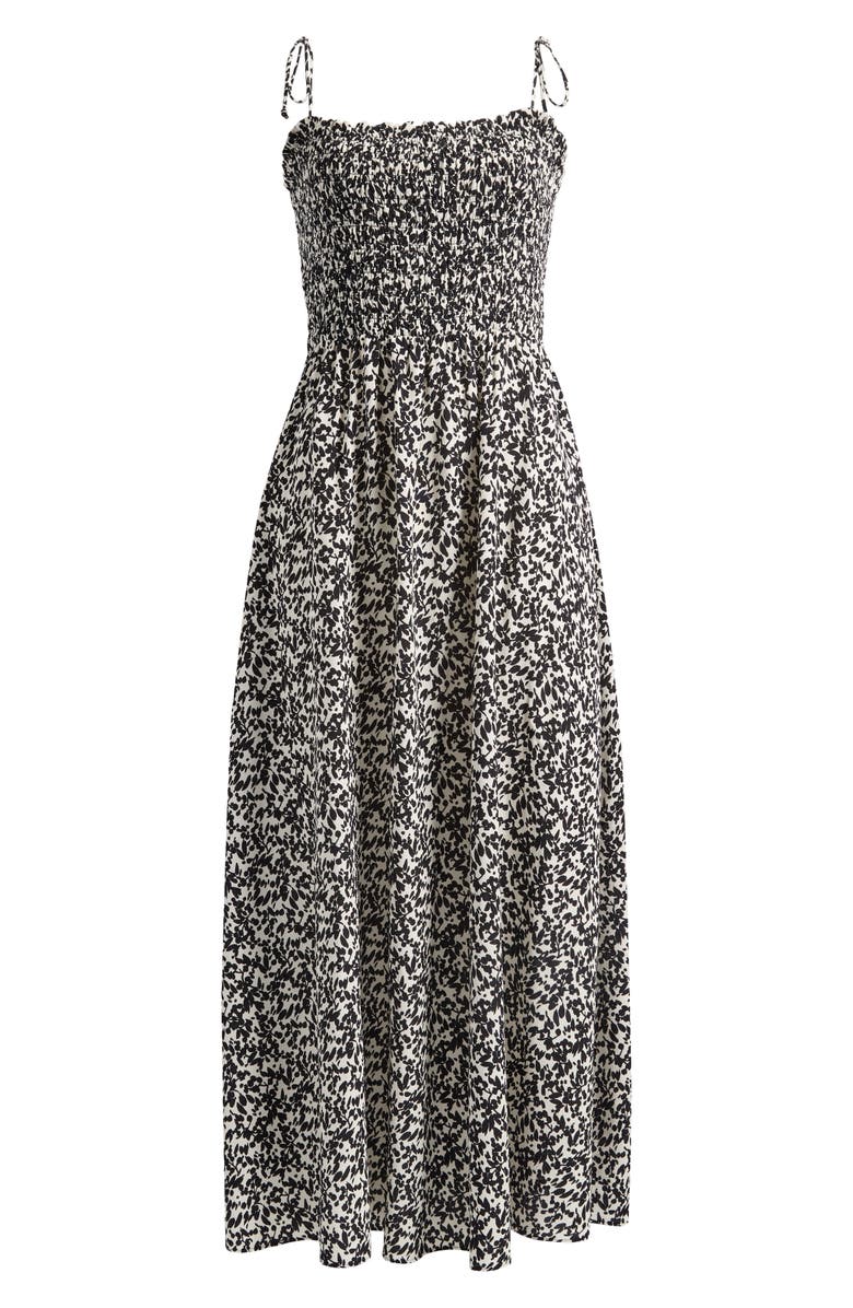 Madewell Floral Smocked Square Neck Midi Sundress, Alternate, color, Abstract Leaf Black Ivory