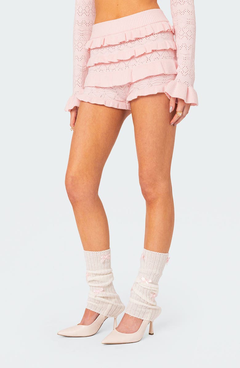EDIKTED Lindsay Ruffle Knit Shorts, Alternate, color, Light-Pink