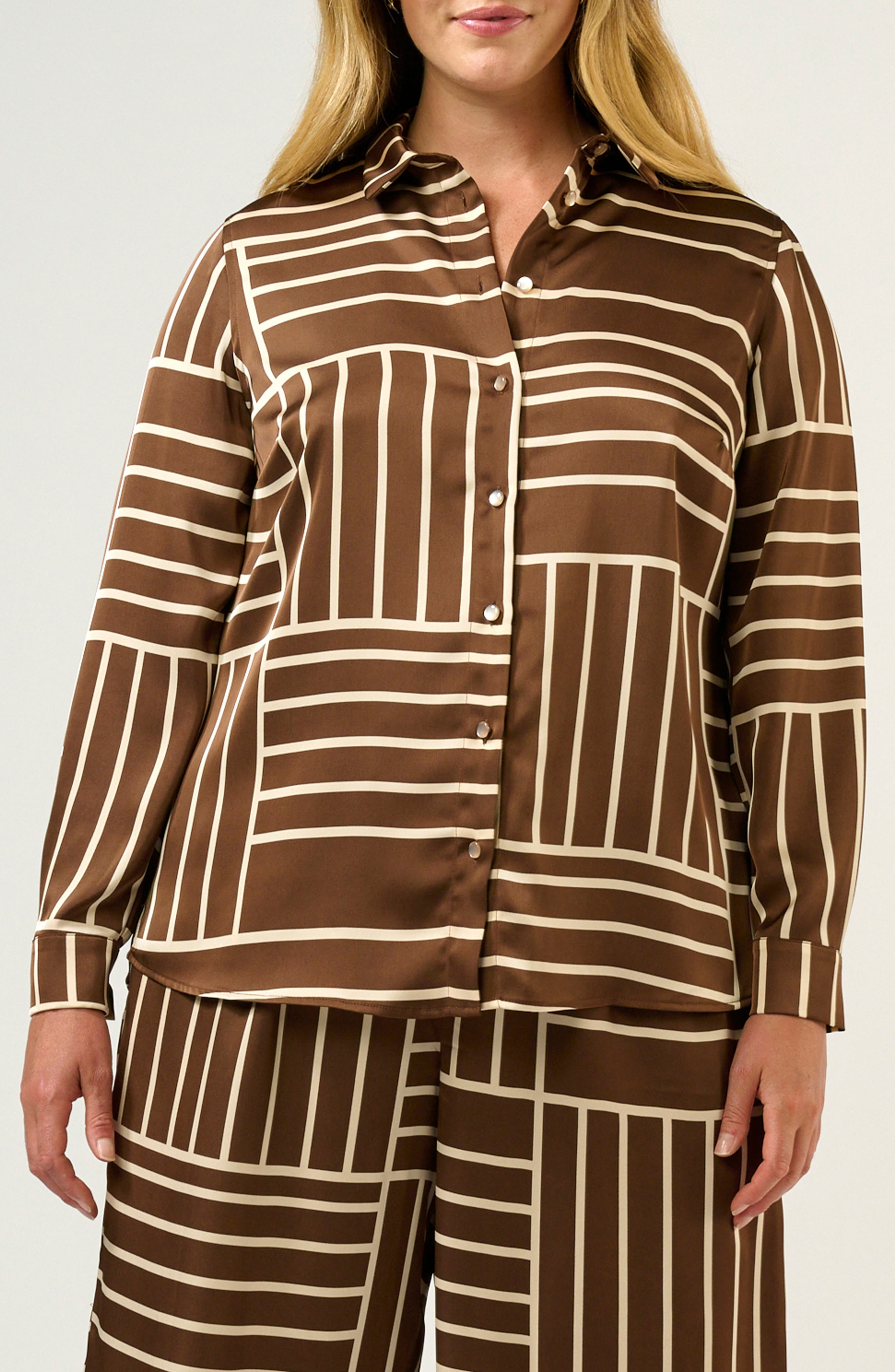 Josie Geo Stripe Satin Button-Up Shirt