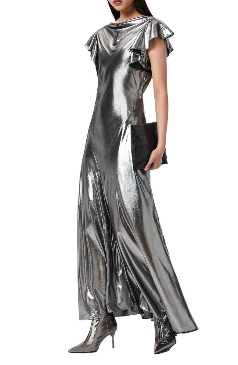 AllSaints Flora Metallic Cowl Neck Maxi Dress, Alternate, color, Metallic Silver