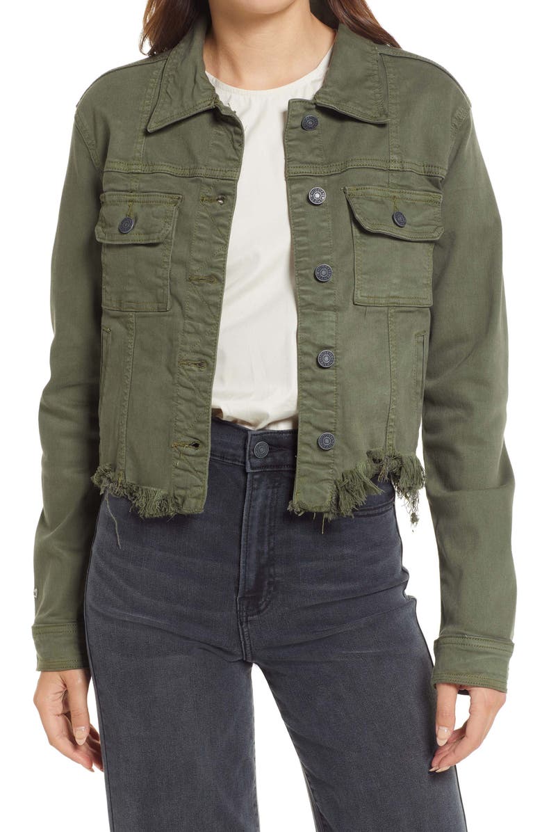 HIDDEN JEANS Frayed Hem Denim Jacket, Main, color, Olive