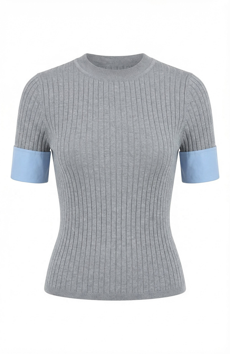 Modenaire Ribbed Knit Short Sleeve Top, Alternate, color, Heather Grey / Light Blue