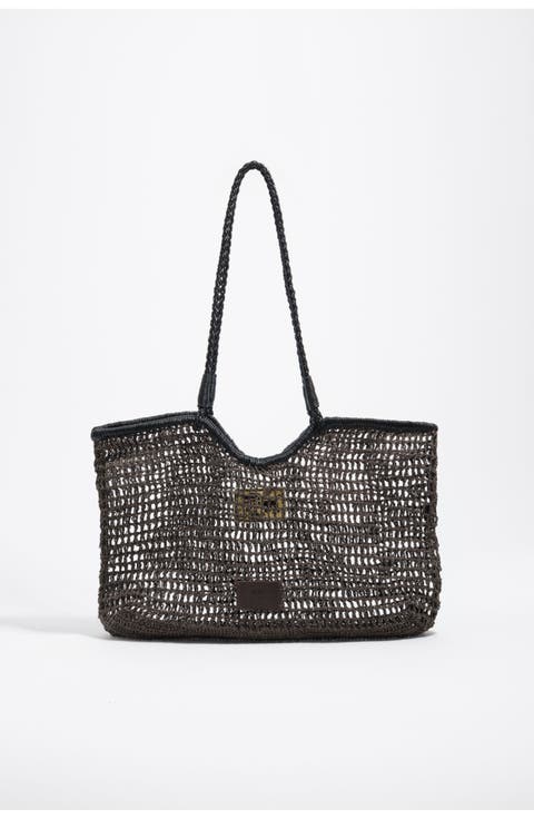Large Dark Raffia-Effect Shopper Bag