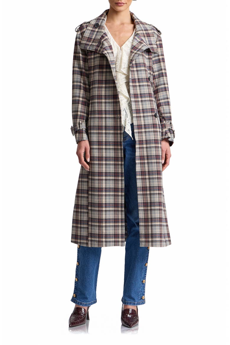 Plaid Relaxed Belted Funnel Neck Coat, Main, color, GREY - BLUE PLAID