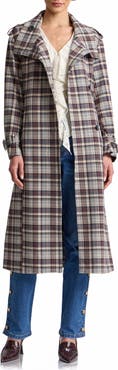 Avec Les Filles Plaid Relaxed Belted Funnel Neck Coat