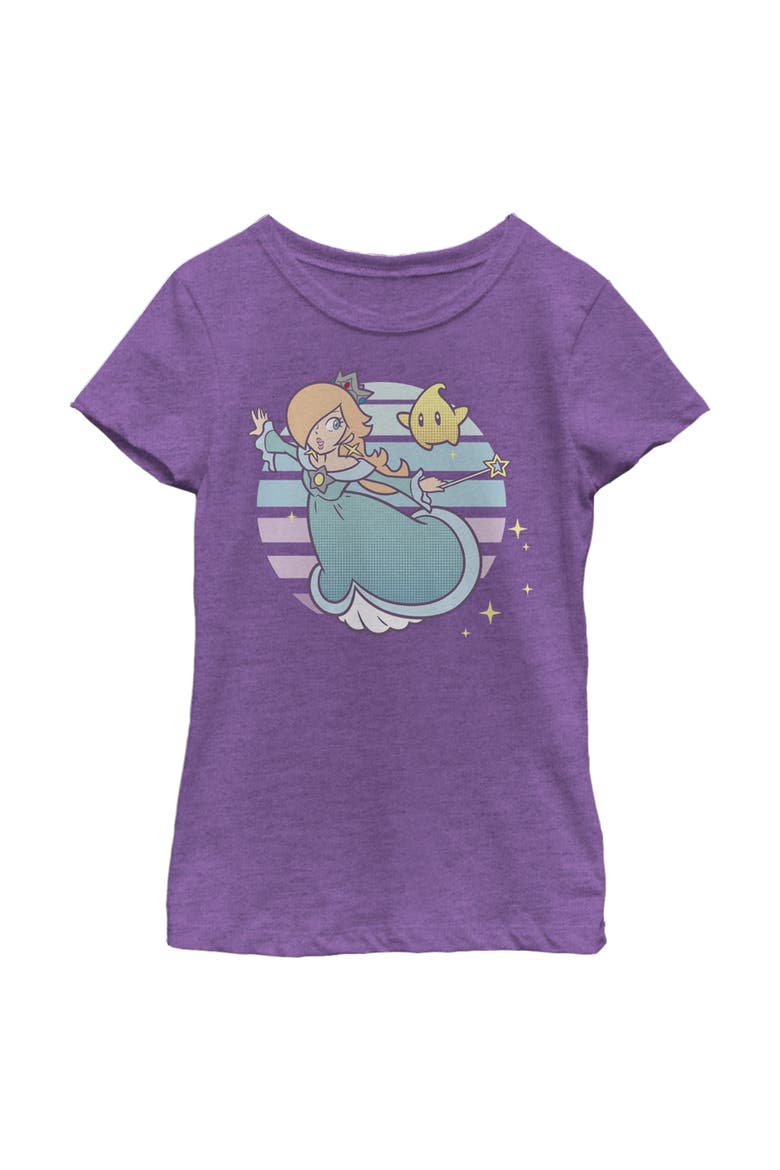 Girls' Super Mario Rosalina And Luma Striped Background Portrait Graphic Tee, Main, color, Purple Berry