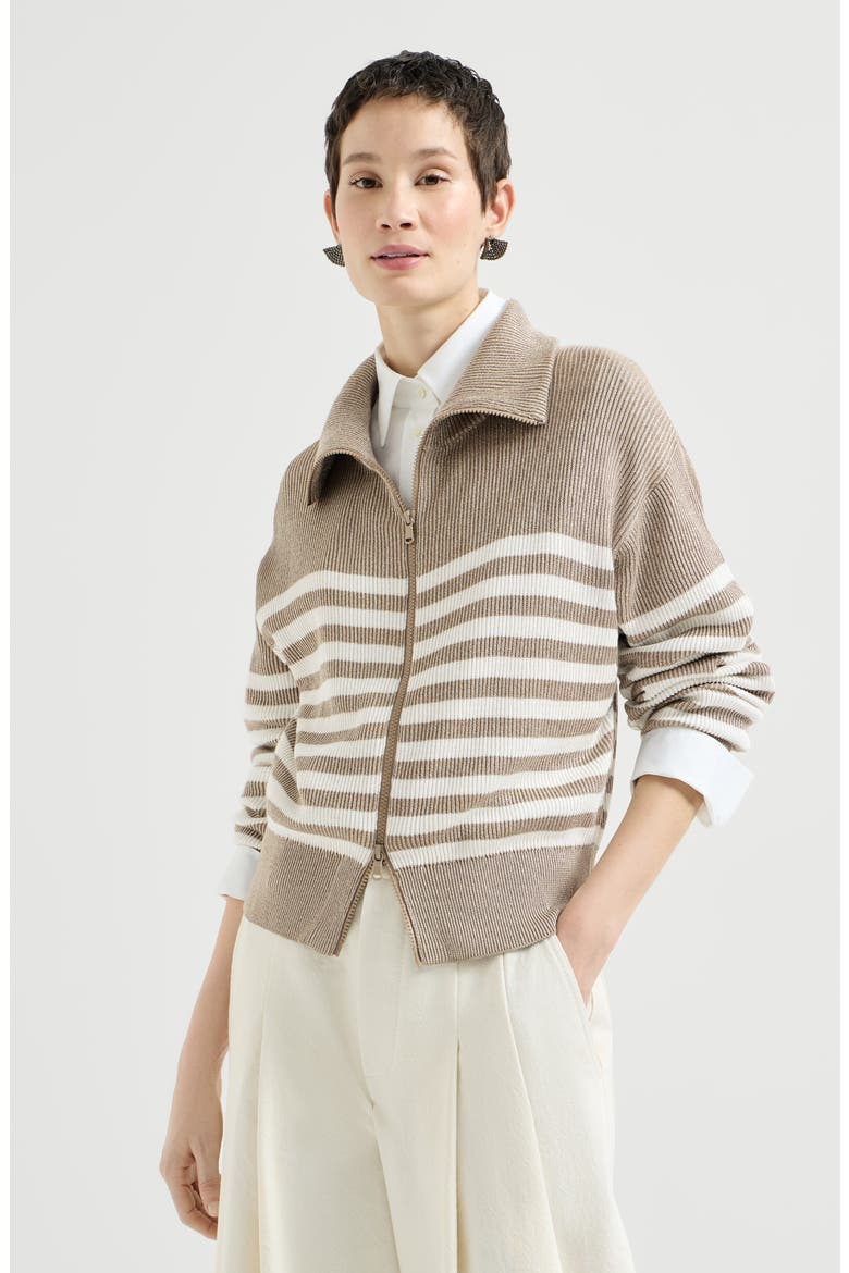 Sparkling cotton striped English rib cardigan with zipper and monili, Main, color, Beige