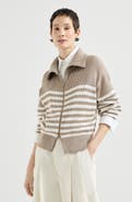 Brunello Cucinelli Sparkling cotton striped English rib cardigan with zipper and monili