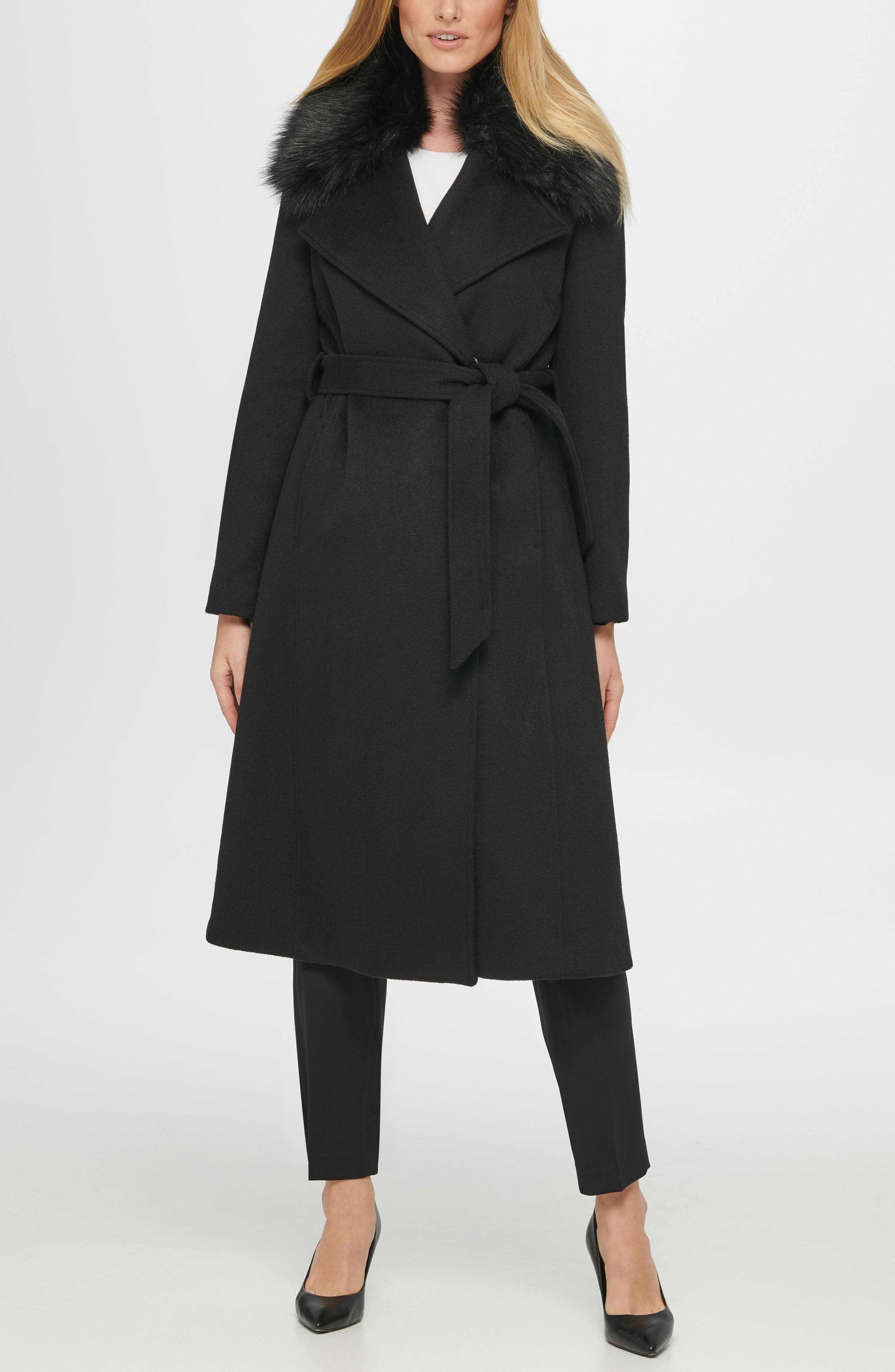 KARL LAGERFELD Belted Faux Fur Trim Wool Blend Coat