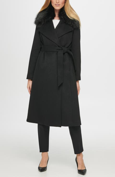 Belted Faux Fur Trim Wool Blend Coat