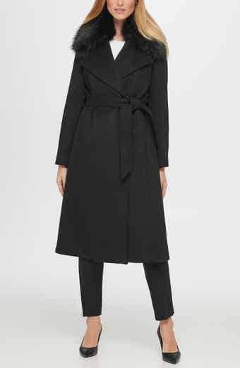 KARL LAGERFELD Belted Faux Fur Trim Wool Blend Coat
