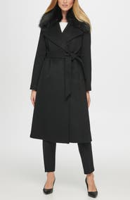 KARL LAGERFELD Belted Faux Fur Trim Wool Blend Coat