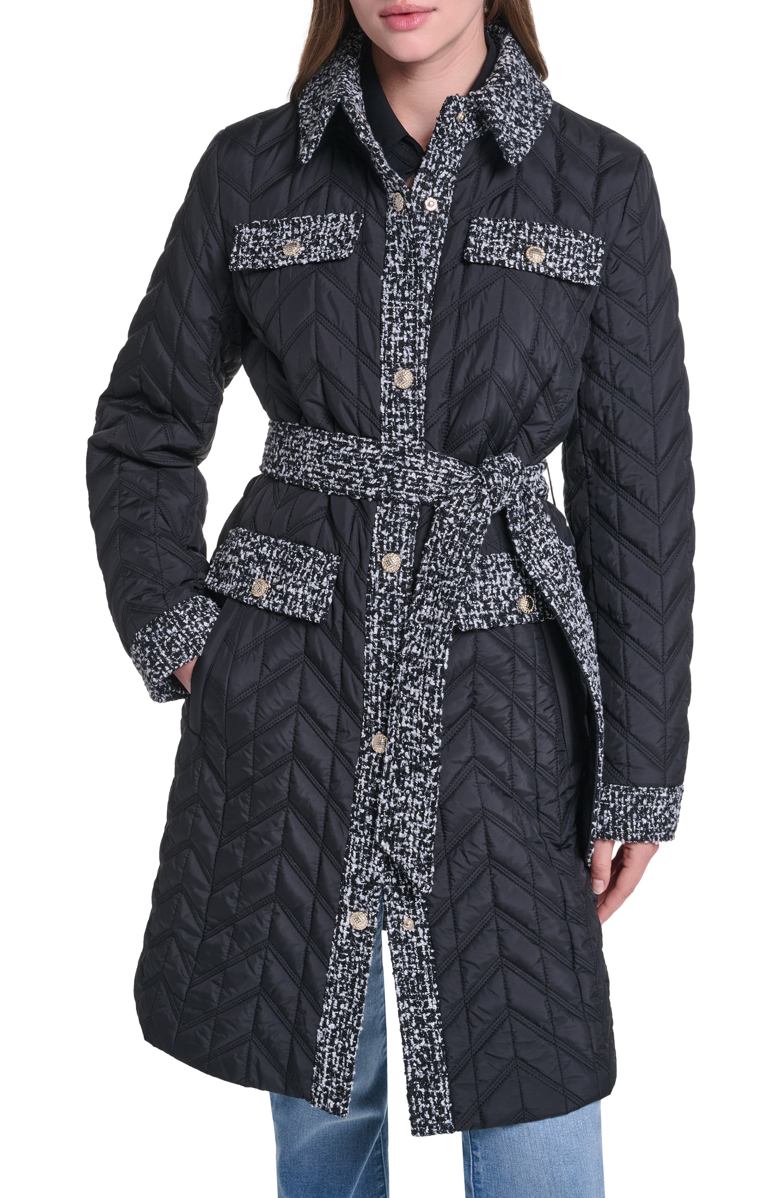 Agness Quilted Tweed Trim Coat