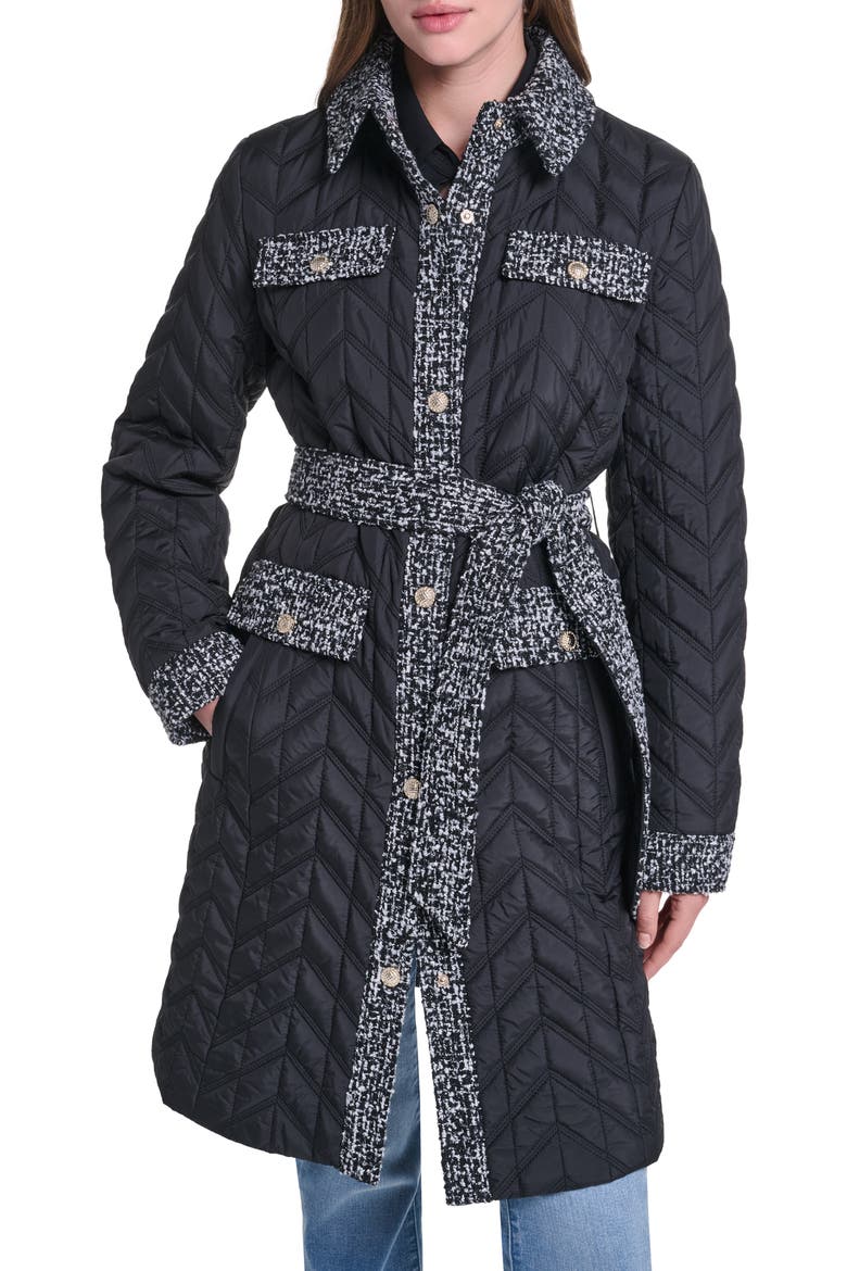 Agness Quilted Tweed Trim Coat, Main, color, BLACK