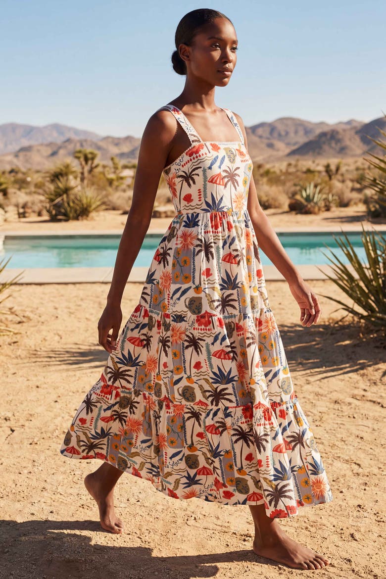 Lizzie Printed Tiered Midi Dress, Alternate, color, Riviera