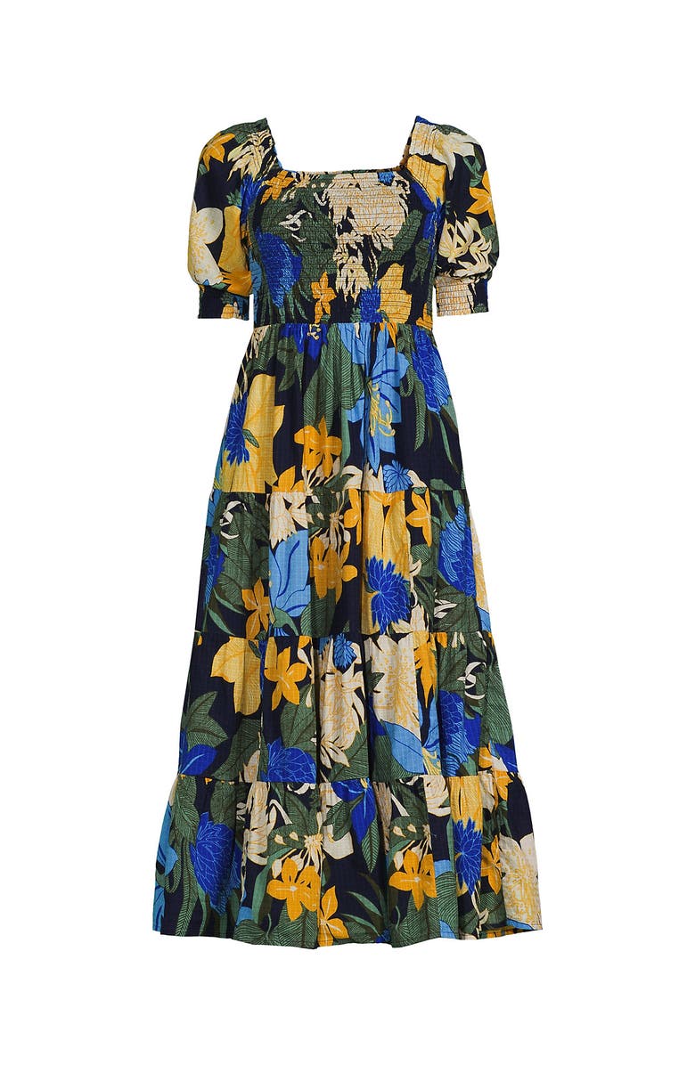 Lands' End Smocked Cotton Dobby Midi Puff Sleeve Dress, Alternate, color, 