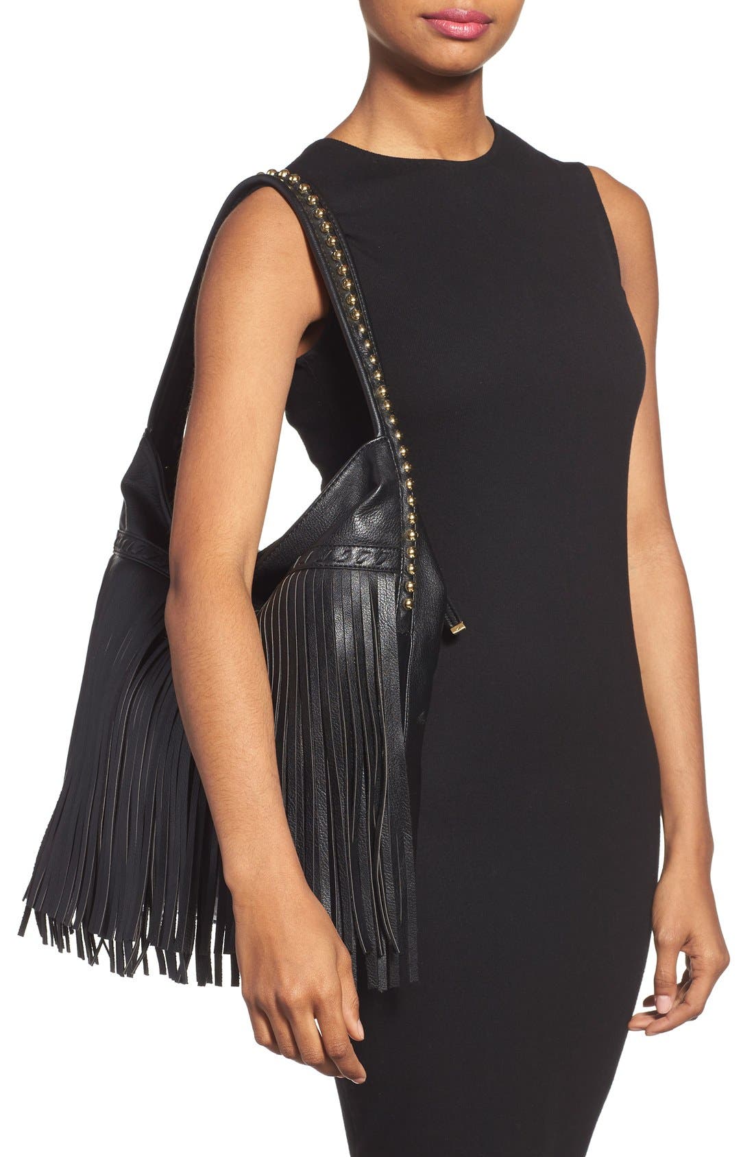 'JGiada' Fringe Faux Leather Ball Hobo, Alternate, color, BLACK