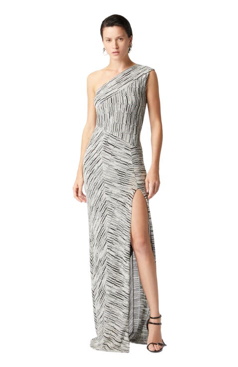 Long One-shoulder Dress With Greek Lamé Motif And Slit