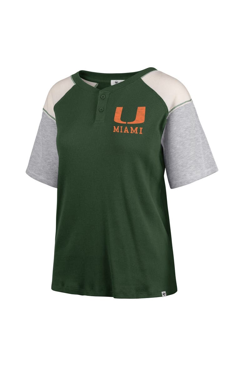 Women's '47 Green Miami Hurricanes Underline Harvey Colorblock Raglan Henley T-Shirt, Alternate, color, Green