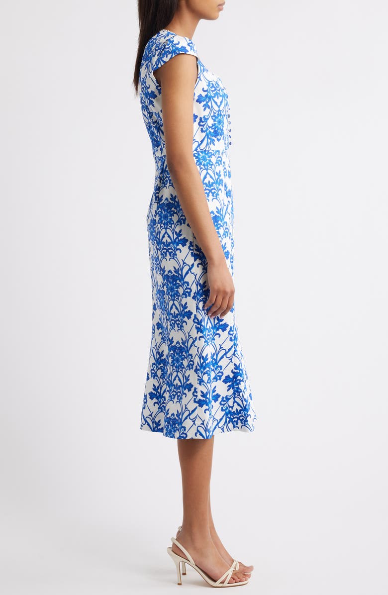 Anne Klein Floral Print Cap Sleeve Midi Dress, Alternate, color, Palace Blue/ Pearl Whit
