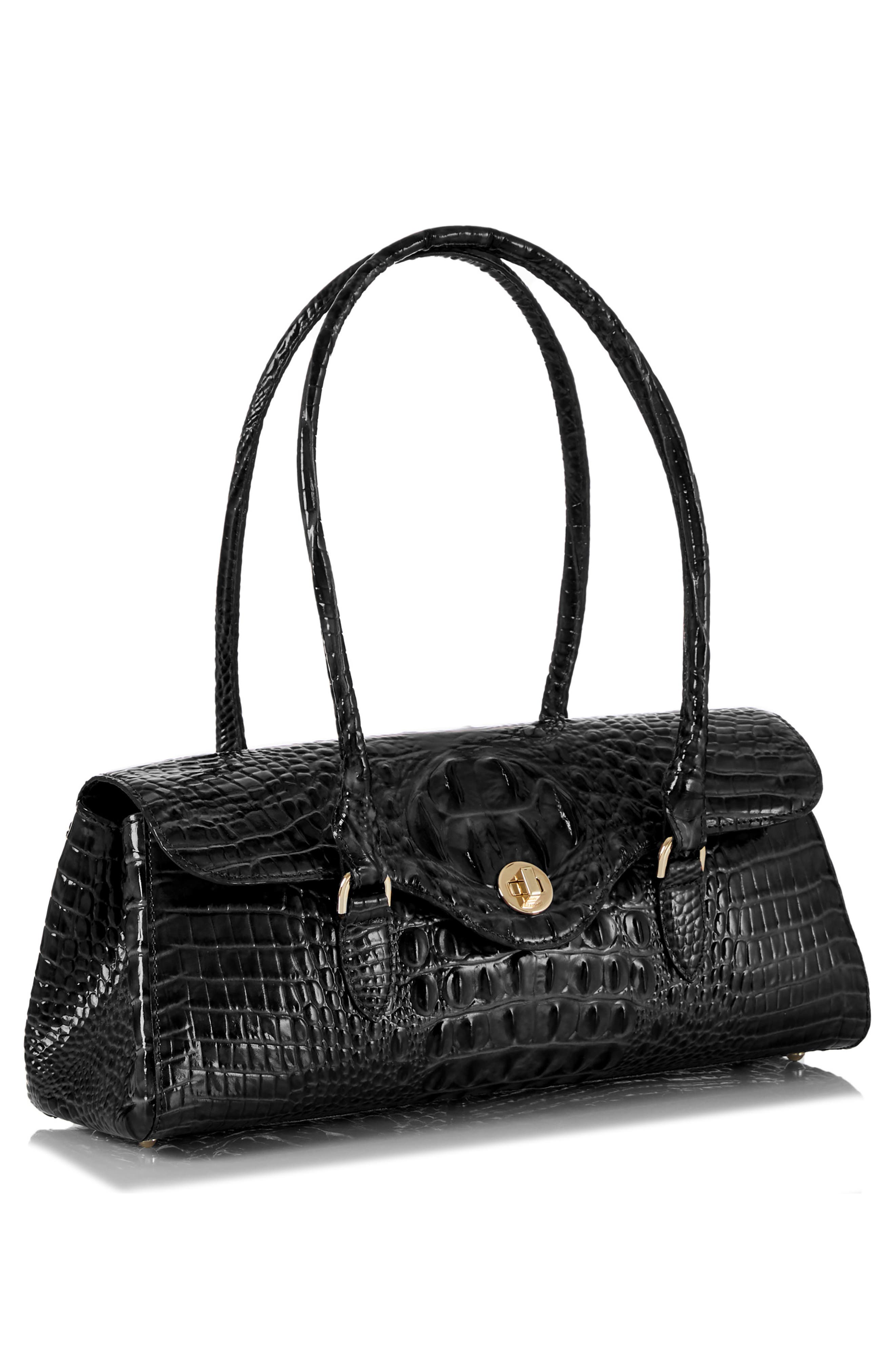 Brahmin Dayan Croc Embossed Leather Satchel, Alternate, color, Black