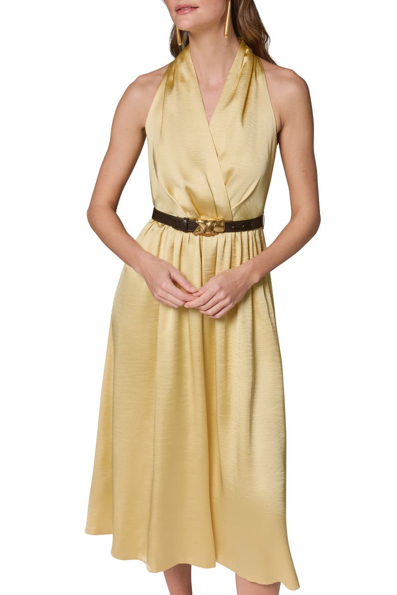 Belted Satin Midi Dress, Alternate, color, PANNA COTTA