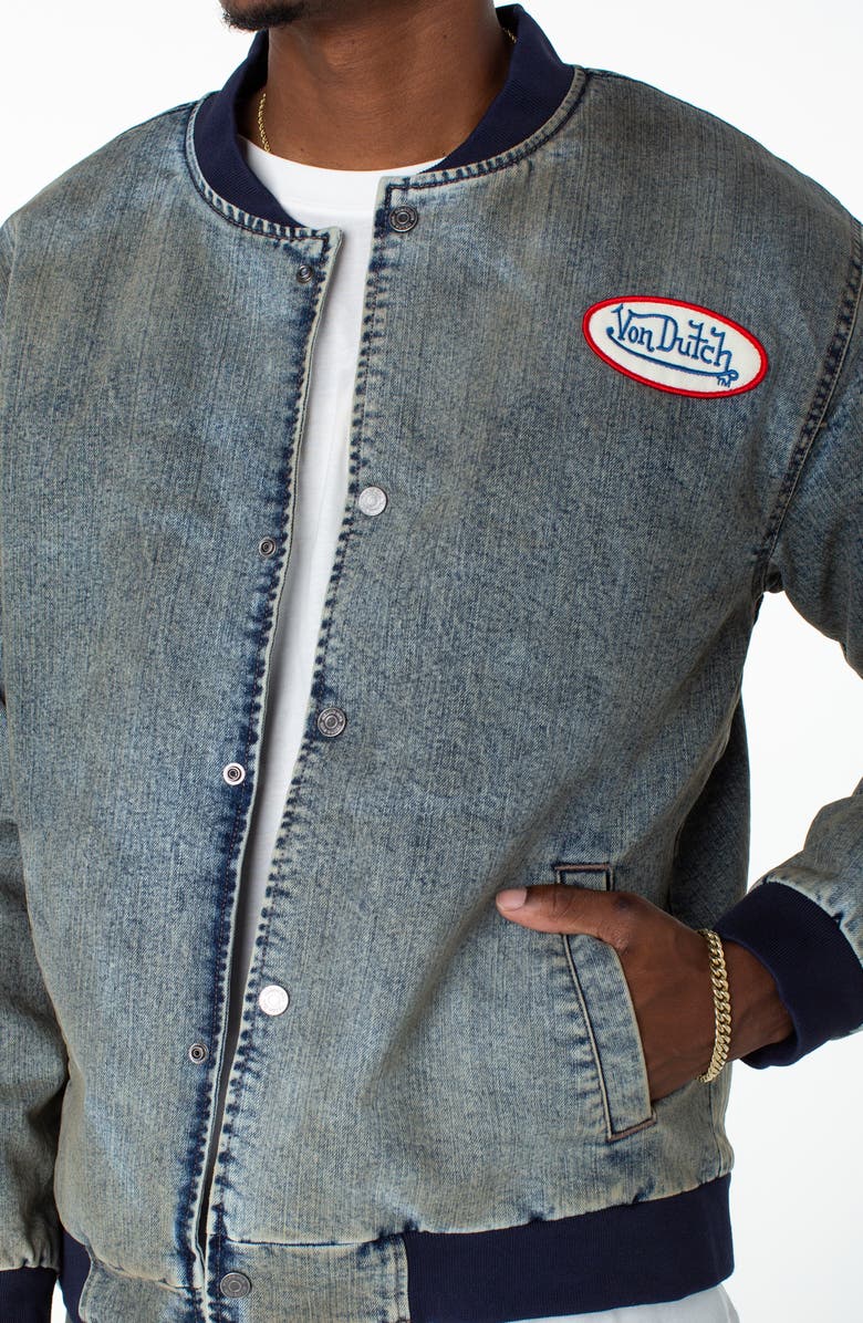 Von Dutch Bones Denim Bomber Jacket, Alternate, color, Hazestone