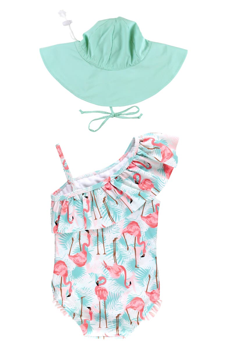 RuffleButts Flamingo Print One-Piece Swimsuit & Hat Set, Alternate, color, 