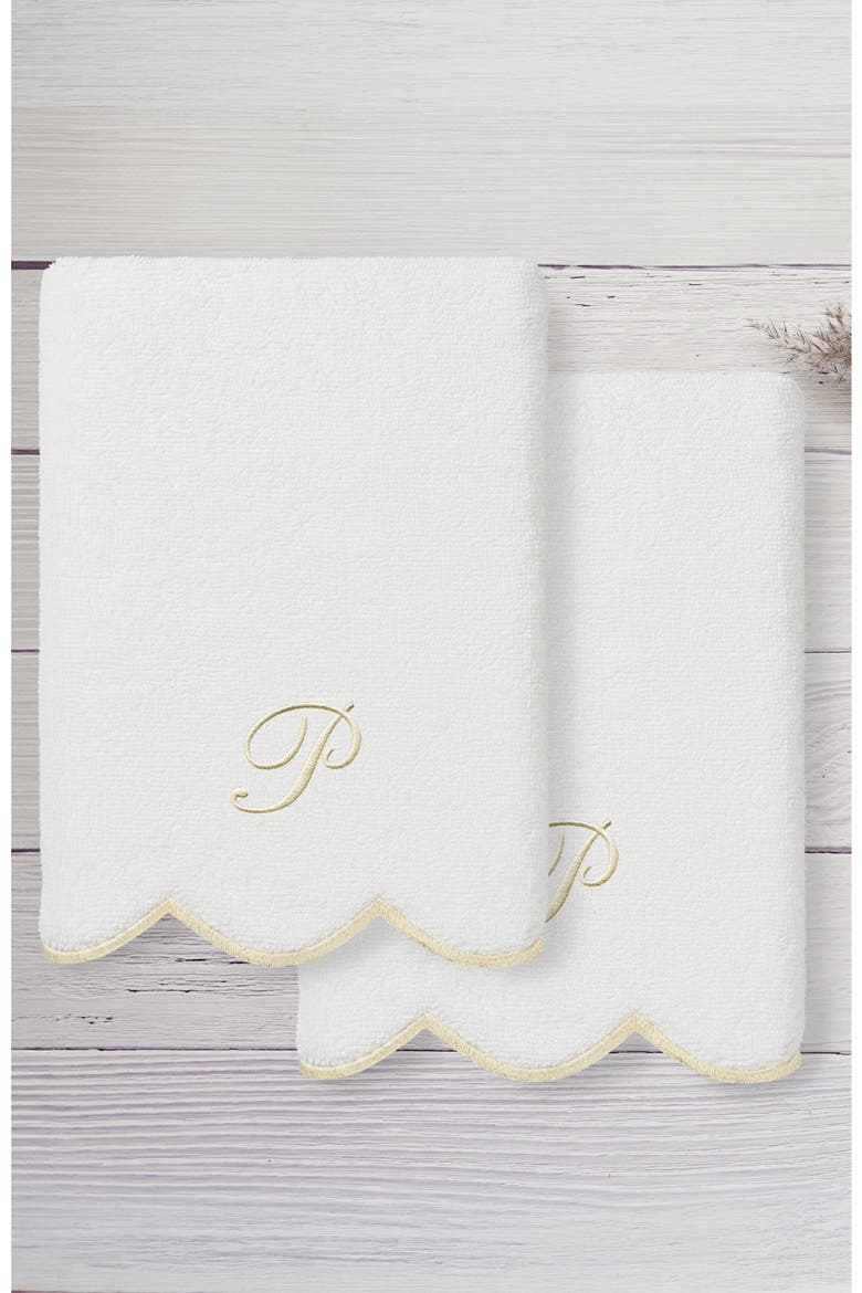 Adornia Scallop Set of 2 Monogrammed Hand Towels, Alternate, color, WHITE/ BEIGE P