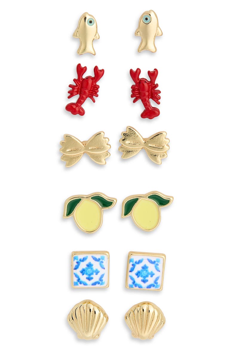 Seabreeze & Daydreams Set of 6 Sealife Stud Earrings, Alternate, color, RED MULTI- GOLD