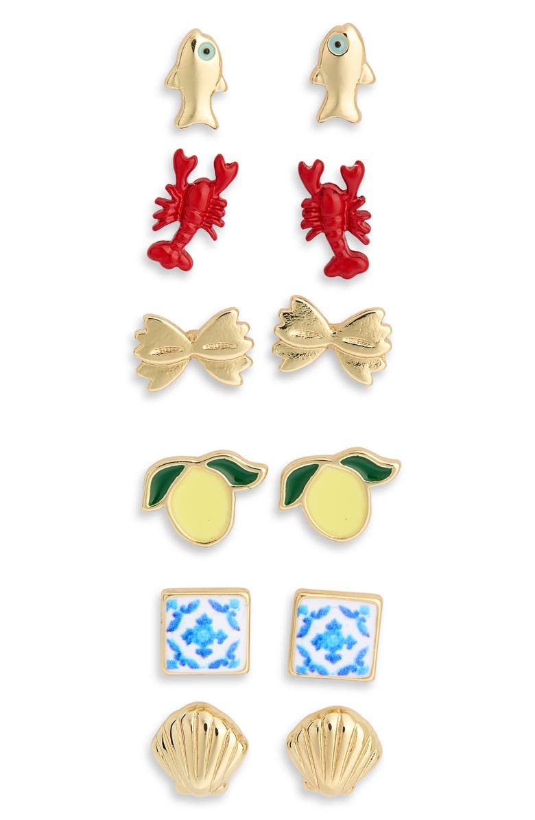 Leith Seabreeze & Daydreams Set of 6 Sealife Stud Earrings, Alternate, color, Red Multi- Gold