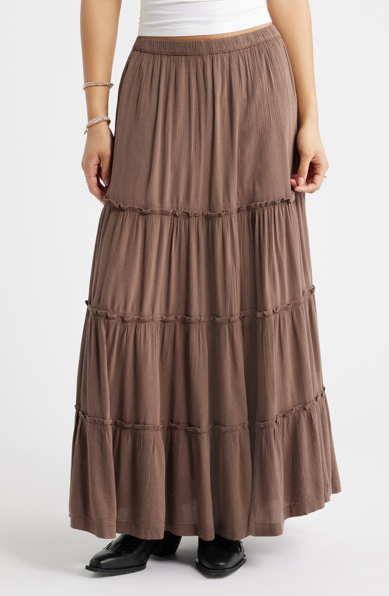 BP. Tiered Linen Blend Crinkled Gauze Maxi Skirt, Main, color, Brown Quartz