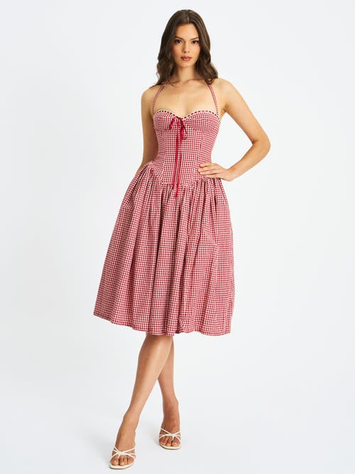 Miss Circle Women Susanna Red Gingham Halter Drop Waist Midi Dress In Pink