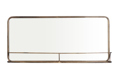 Wide Metal Framed Wall Mirror with Shelf, Brass