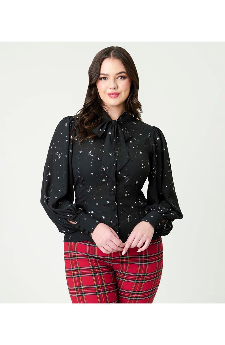 Unique Vintage Long Sleeve Neck Tie Gwen Blouse, Main, color, Black Celestial