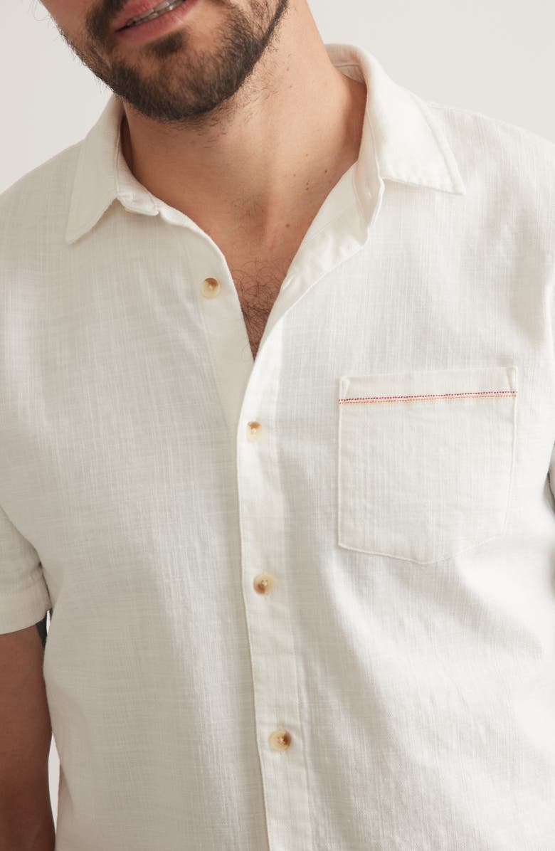 Marine Layer Classic Solid Short Sleeve Stretch Cotton Selvage Button-Up Shirt, Alternate, color, Natural