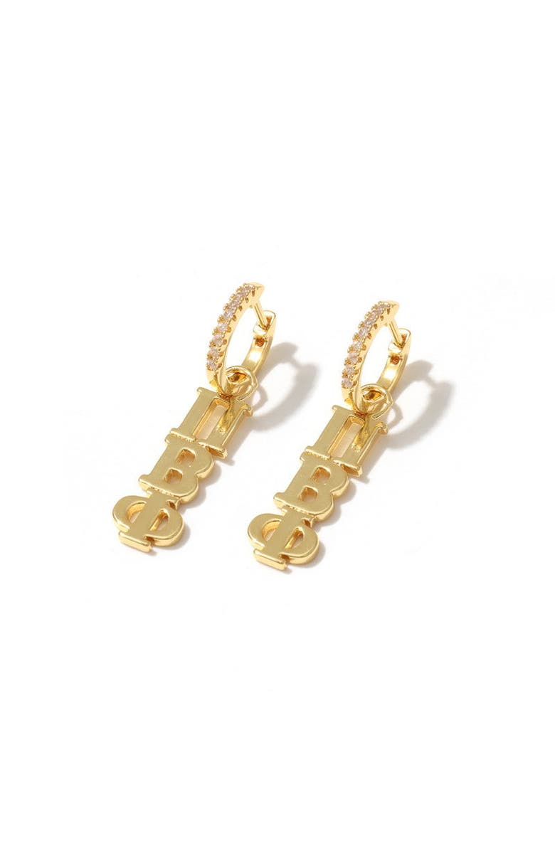 Color Shout Pi Beta Phi Greek Letter Huggie + Charm Earrings, Main, color, Yellow Gold