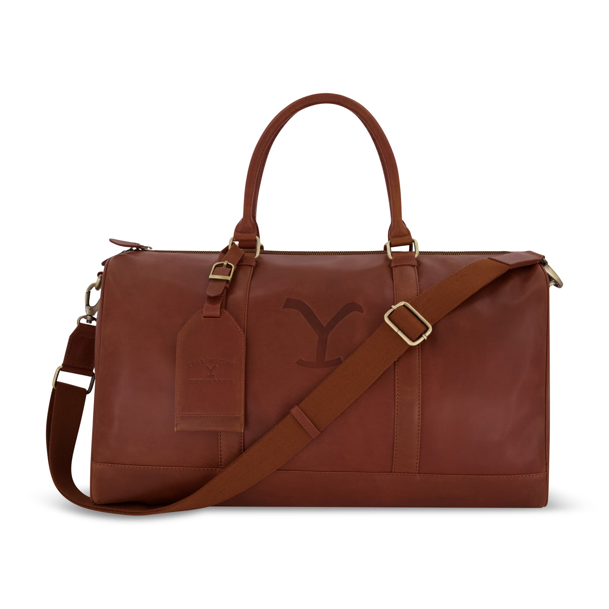 Yellowstone Genuine leather 21 inch duffle, with burnished gold detailing, Main, color, Brown