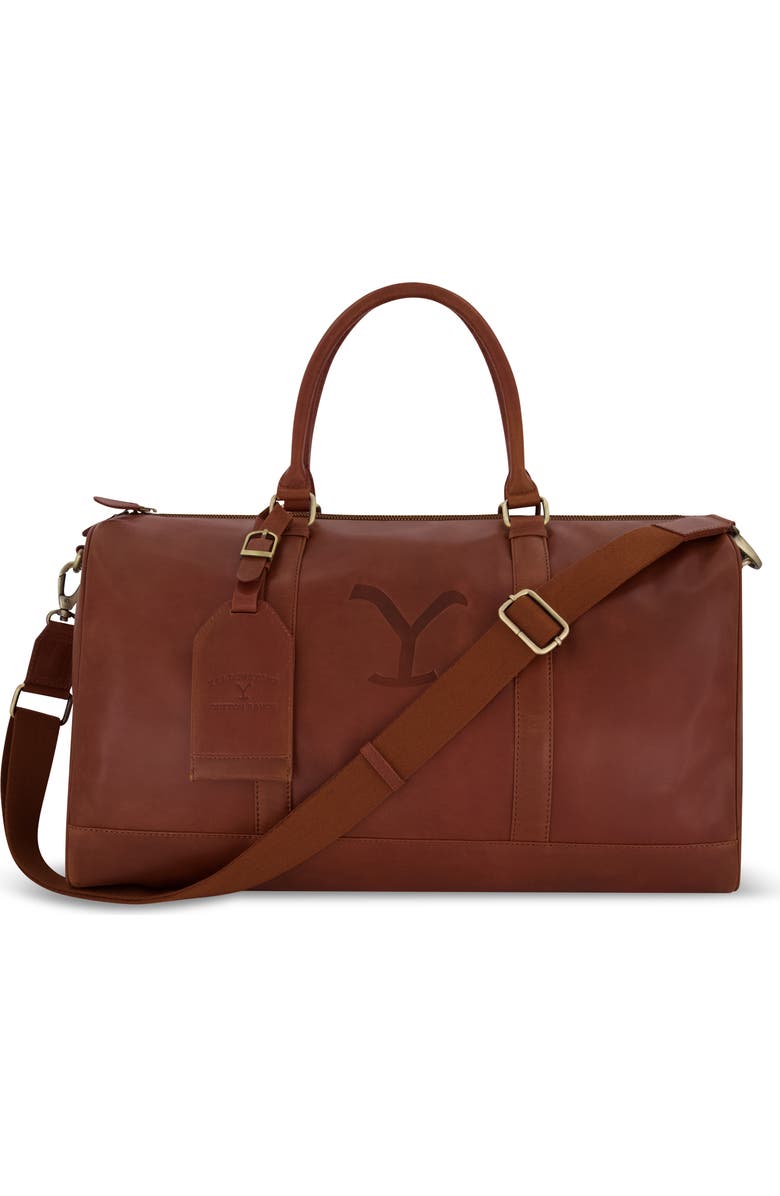 Yellowstone Genuine leather 21 inch duffle, with burnished gold detailing, Main, color, Brown