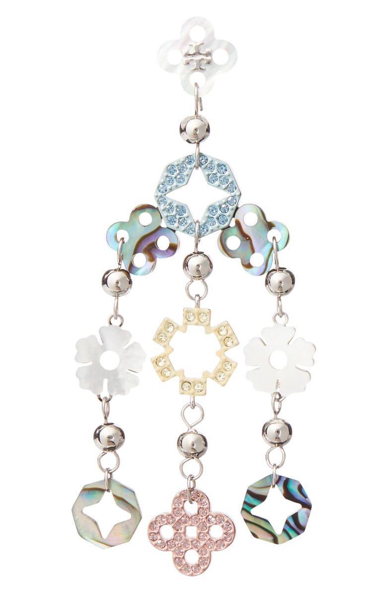 Tory Burch Forget Me Not Chandelier Earrings, Alternate, color, Tory Silver / Multi