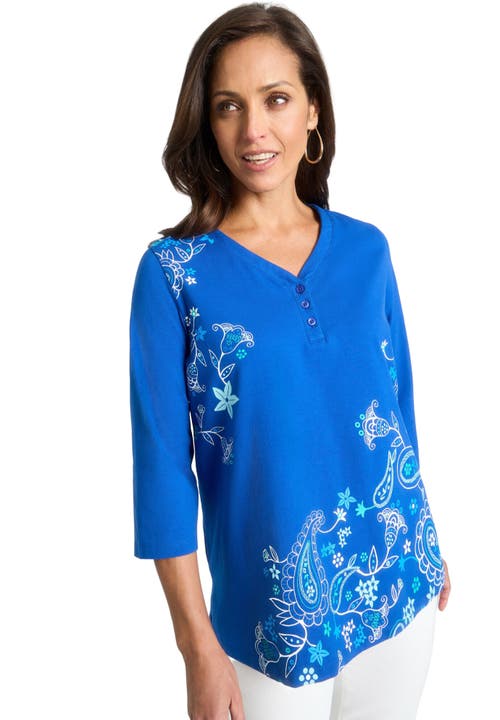 Jessica London Stretch Cotton Henley Top In Blue