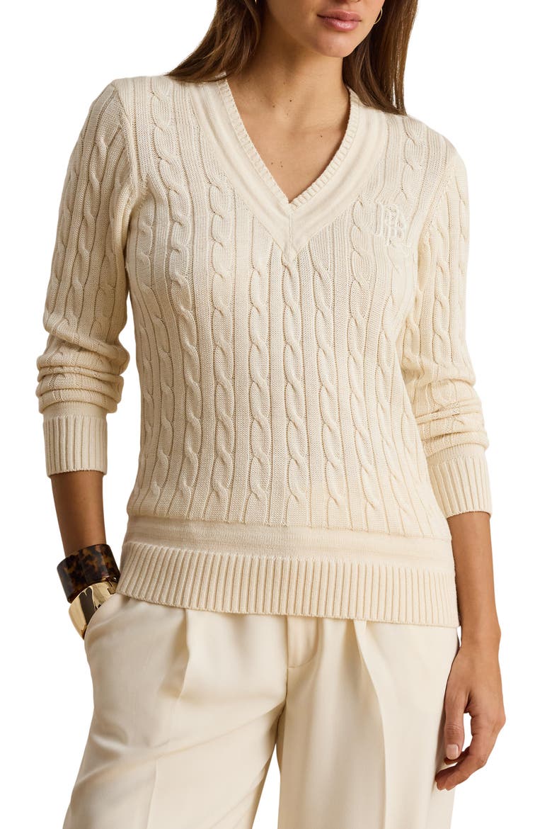 Cable Stitch V-Neck Sweater, Main, color, MASCARPONE CREAM