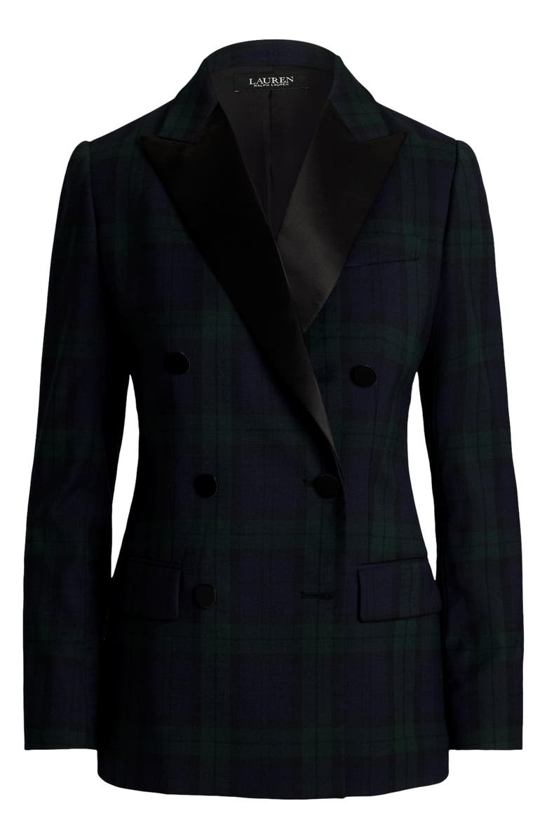 Lauren Ralph Lauren Plaid Satin Trim Double Breasted Wool Blend Blazer, Alternate, color, 